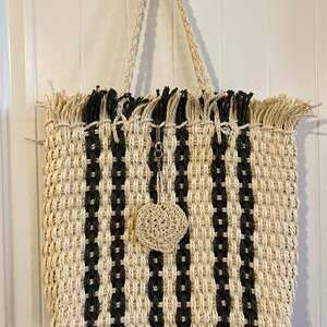 Haute Hippie Black and Tan Striped Raffia Straw Tote Bag